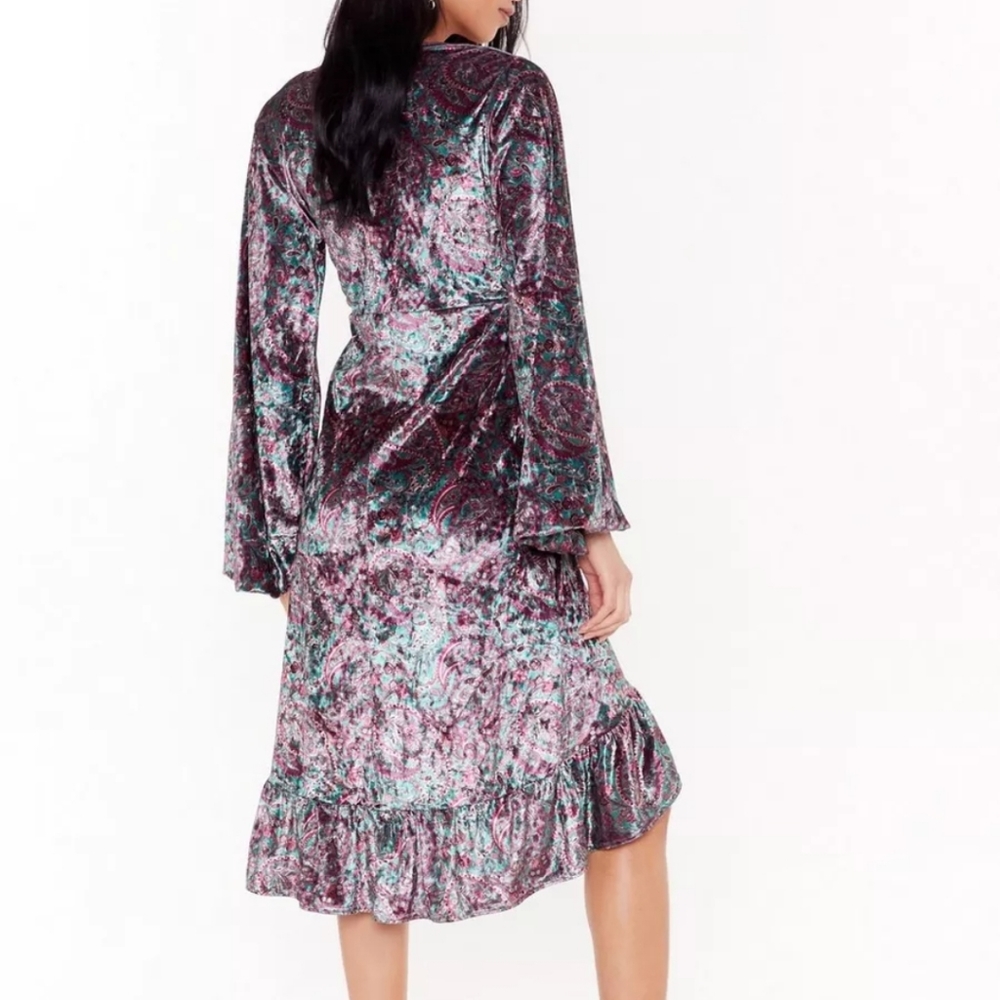 Paisley Velvet Wrap Ruffle Midi Dress - Picture 2 of 4